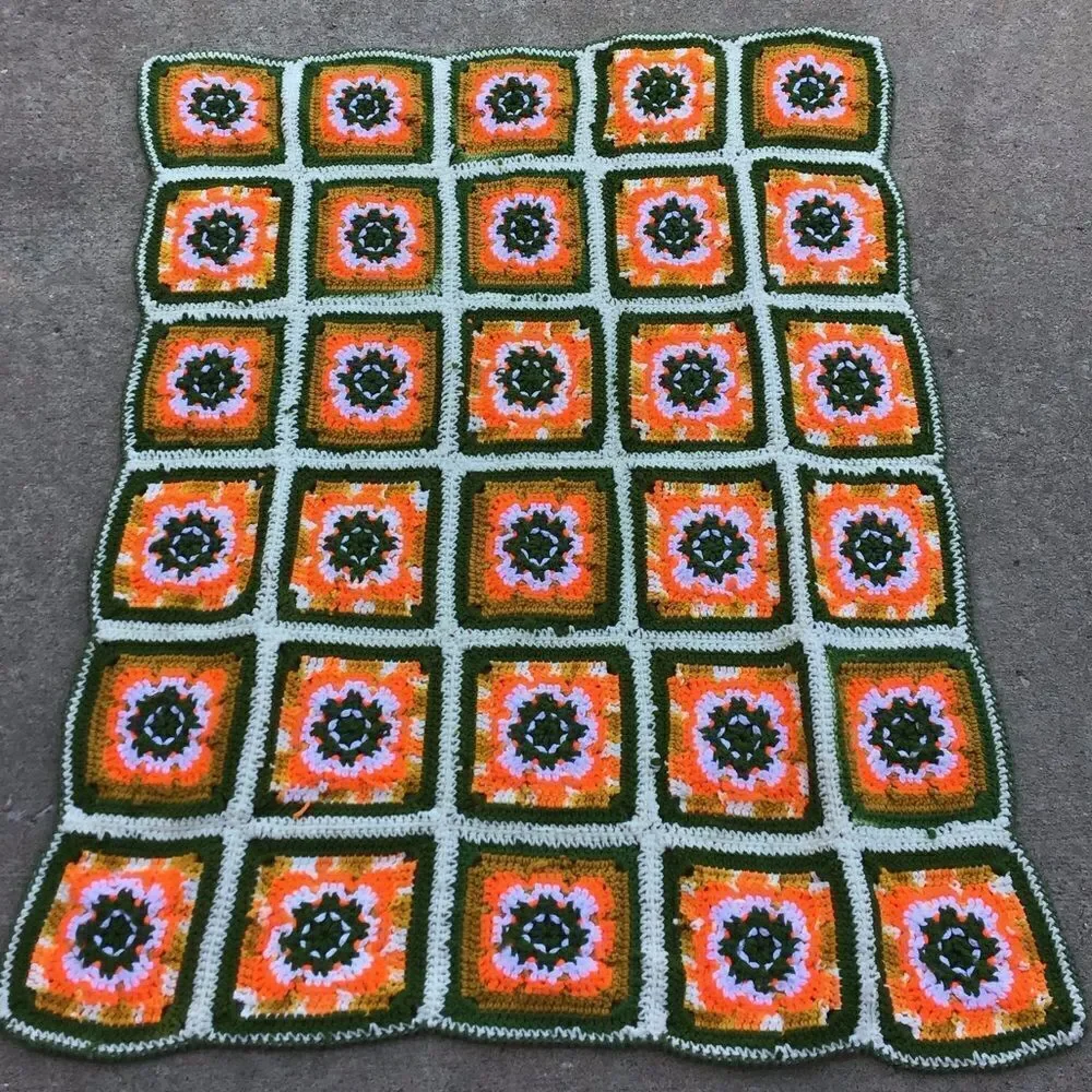 Granny Squares Home Made Crochet Throw Blanket 36” X 44” Good Condition